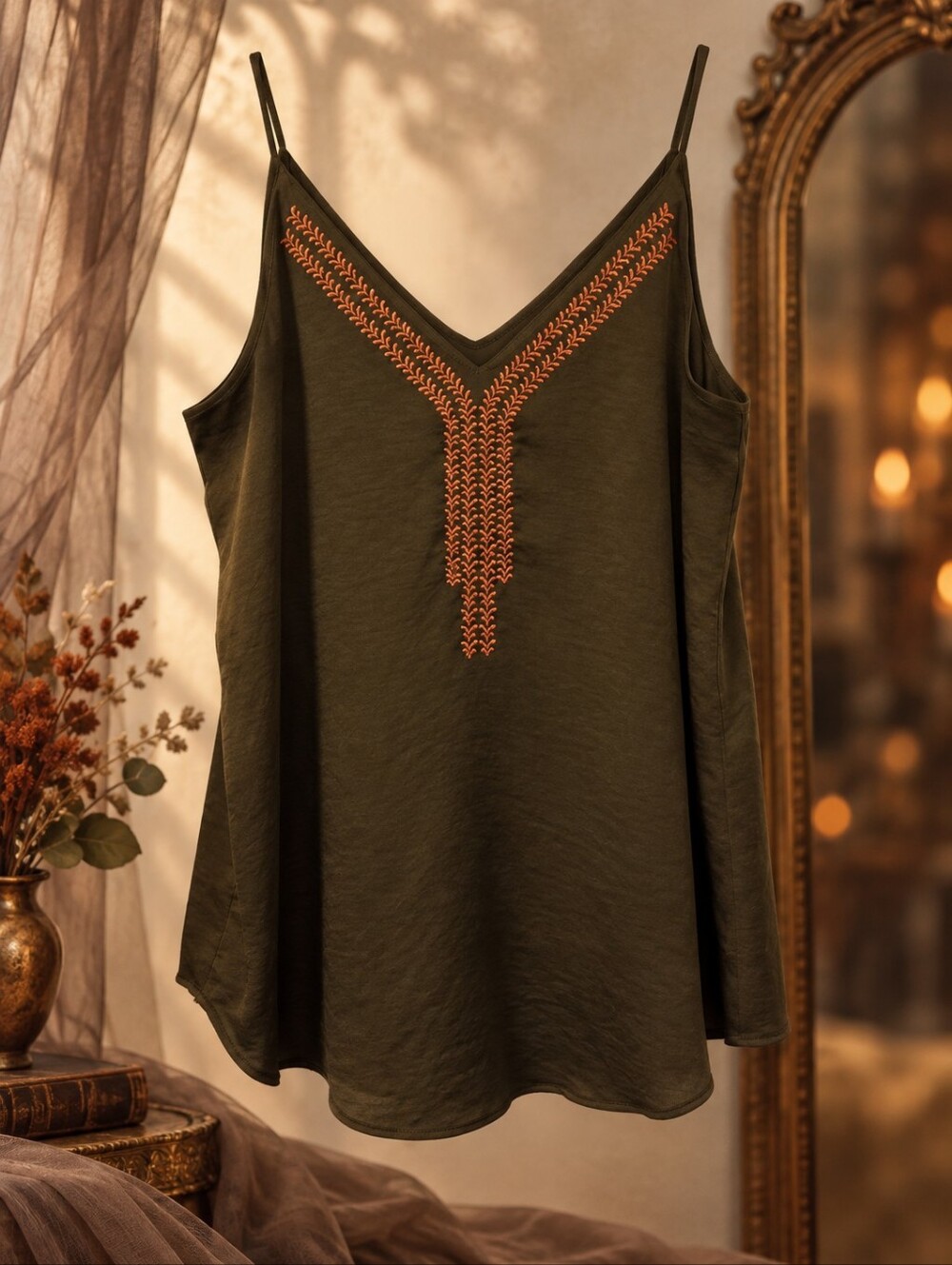 Express Olive Green Satin Embroidered Cami Tank Top V-Neck Spaghetti Strap Med